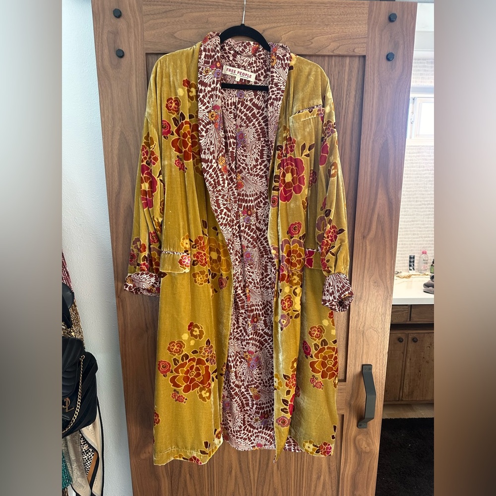 Free People Mustard Yellow Velvet Floral Duster Coat